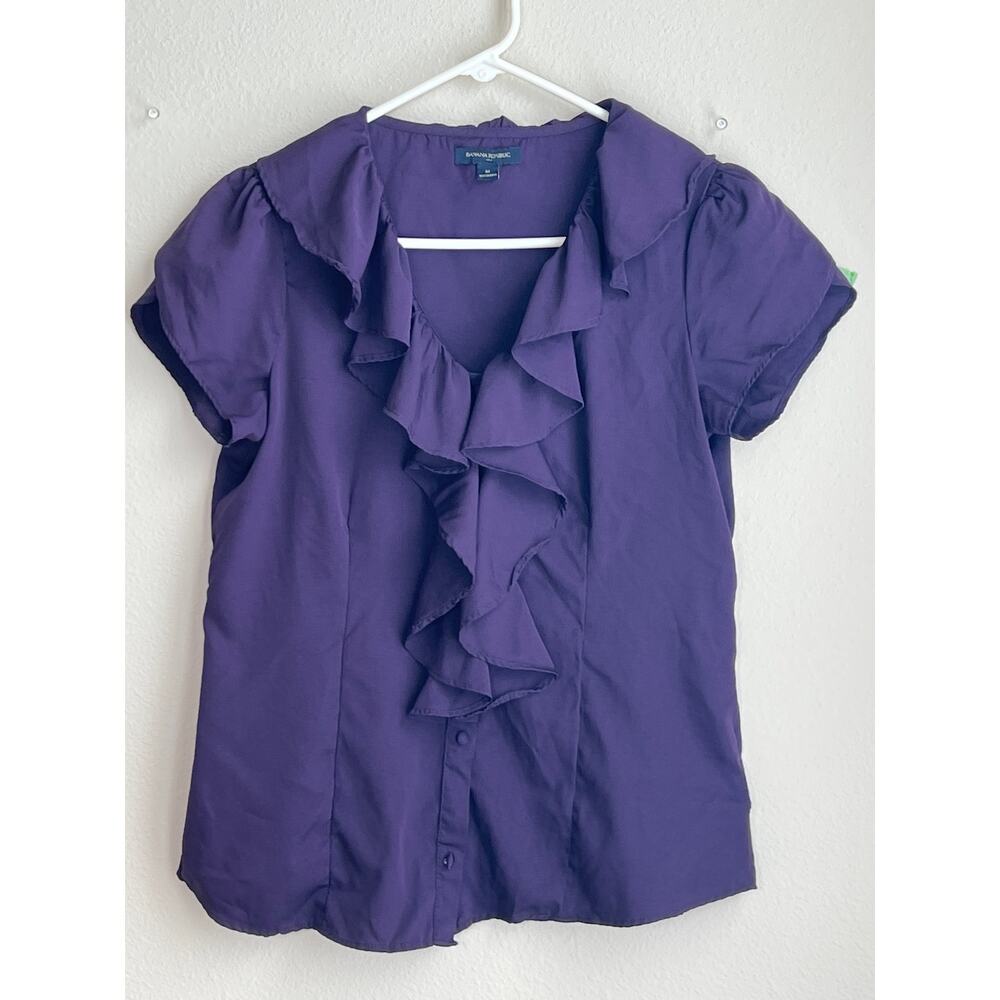 Banana Republic Dark Purple Ruffled V-Neck Short Sleeve Blouse: Medium